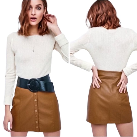 Free People Oh Snap Tan Vegan Faux Leather Snap Front Mini Skirt - 10 - Picture 1 of 14